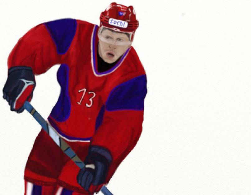 Draw a hockey player in motion.  How to draw a hockey player with a pencil step by step.  The general contour of the figure of a hockey player